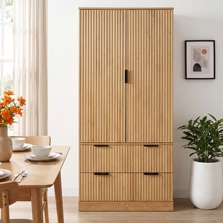 Modern Wooden Kitchen Pantry Cabinet with Fluted Doors 2 Drawers and Built-In Spice Racks Oak by GDFStudio
