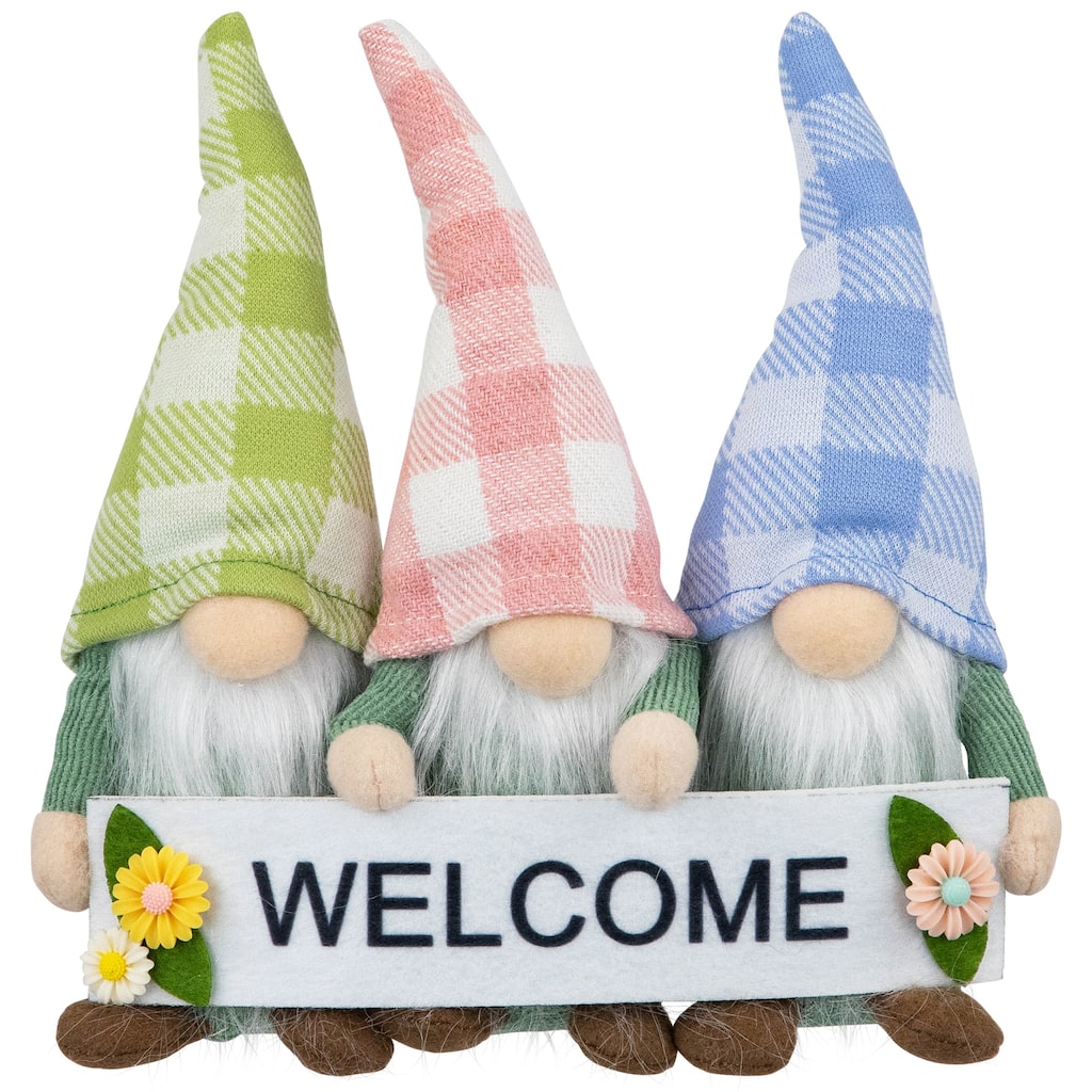 Gnome Trio with Welcome Banner Spring Table Decoration - 7" - Pastel Pink and Green