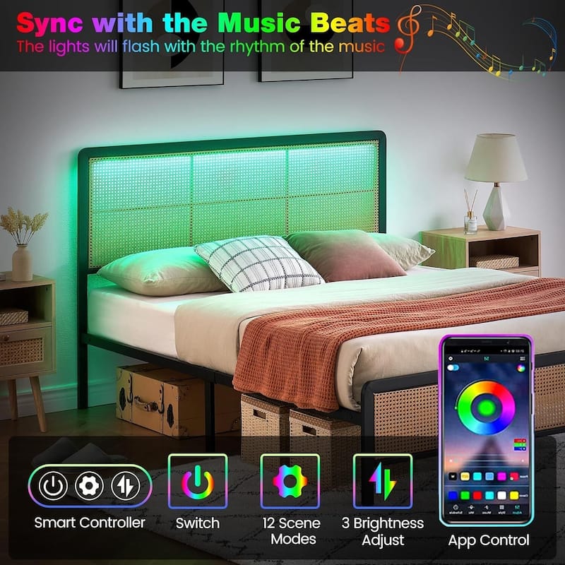 Rattan Bed Frame with Headboard LED Lights and Footboard