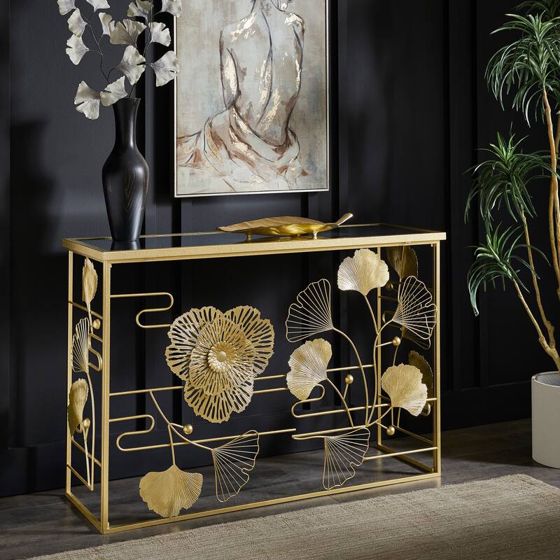 Pomonok Gold Finish Peony and Ginkgo Console Table with Mirror Top by iNSPIRE Q Bold