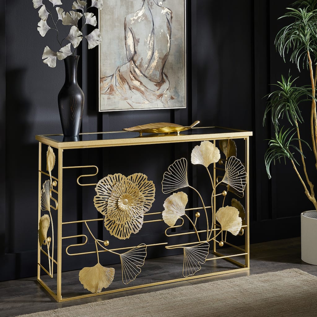 Pomonok Gold Finish Peony and Ginkgo Console Table with Mirror Top by iNSPIRE Q Bold