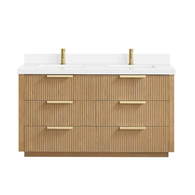 Santarem Double Vanity with Pure White Quartz Stone Top without Mirror - 60" - Washed Ash Grey