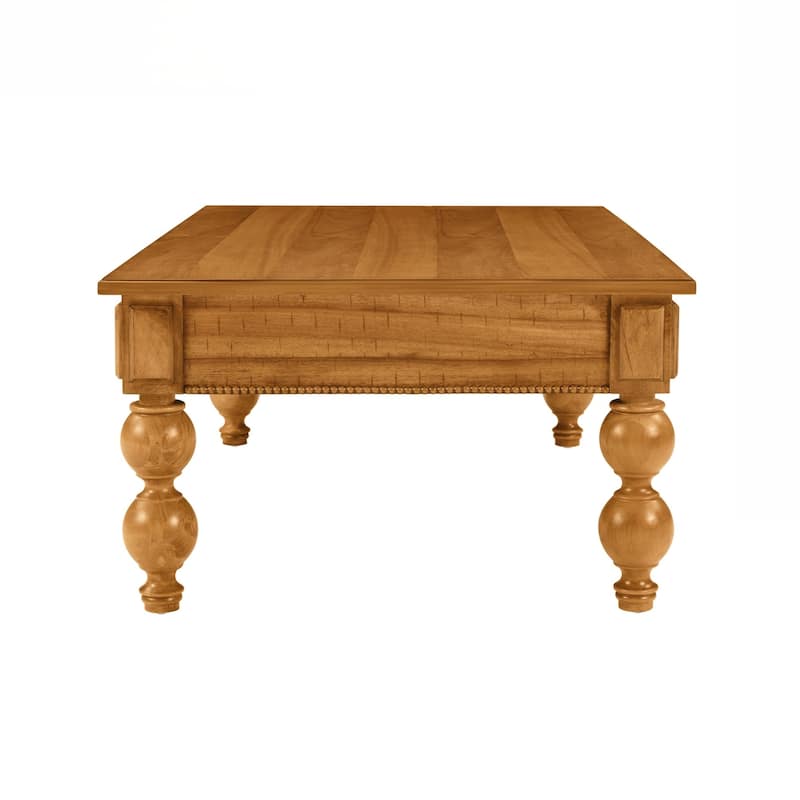 Rectangular Wooden Coffee Table with Storage Drawer, Vintage Cocktail Table with Solid Wood Gourd-Shaped Legs for Living Room