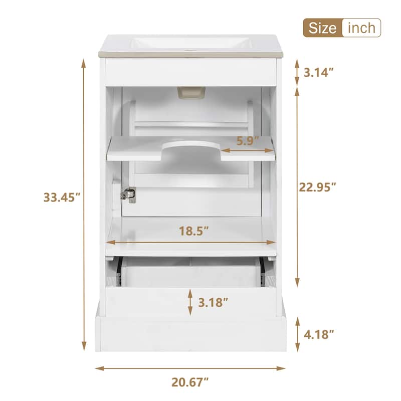 20" Bathroom Vanity with Ceramic Sink, Soft-Close Door, Drawer, Adjustable U-Shaped Shelf, Modern Freestanding Design