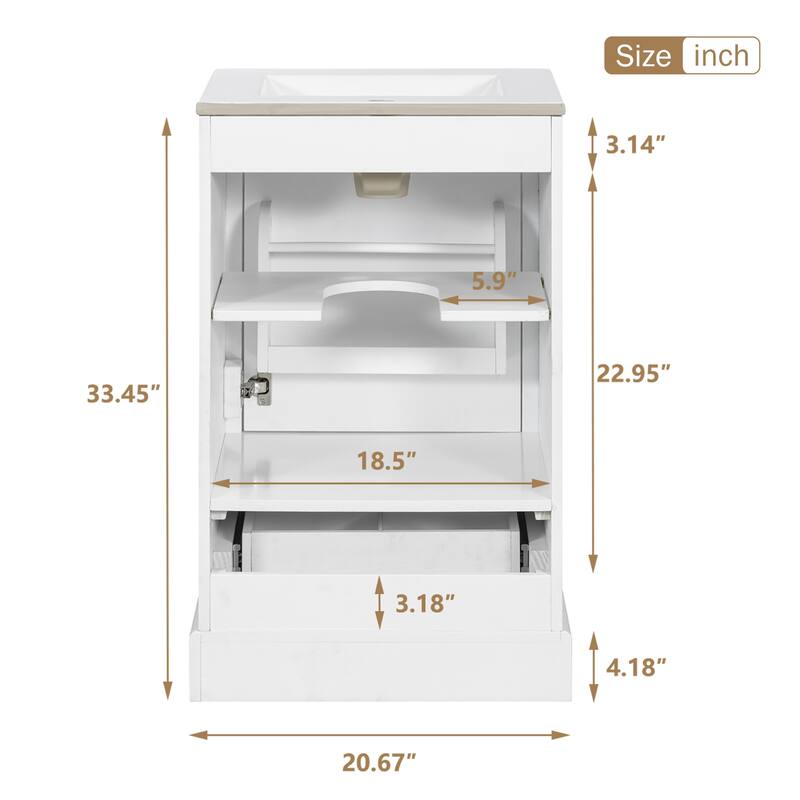20" Bathroom Vanity with Ceramic Sink Bathroom Storage Cabinet with Adjustable U-Shaped and Drawer