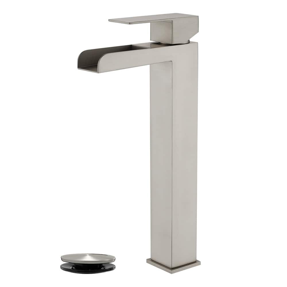 Waterfall Single Handle Bathroom Vessel Sink Faucet with Pop-up Drain 304 Stainless Steel 1 Hole High Tall Basin Vanity Taps