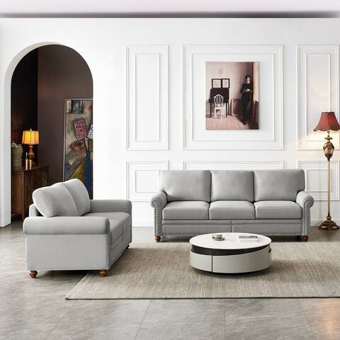 2 Piece Sets Modern Three-seat Sofa and Loveseat, Polyester Padded Seat Rolled Arms Sofa with Wood Leg & Nailheads Decoration