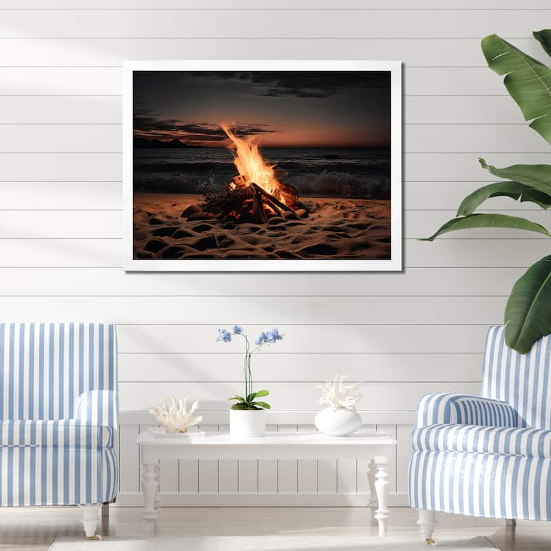 Designart "Beachside Fir At Sunset II" Nautical & Beach Framed Canvas Art Print - White - 32 in. wide x 24 in. high