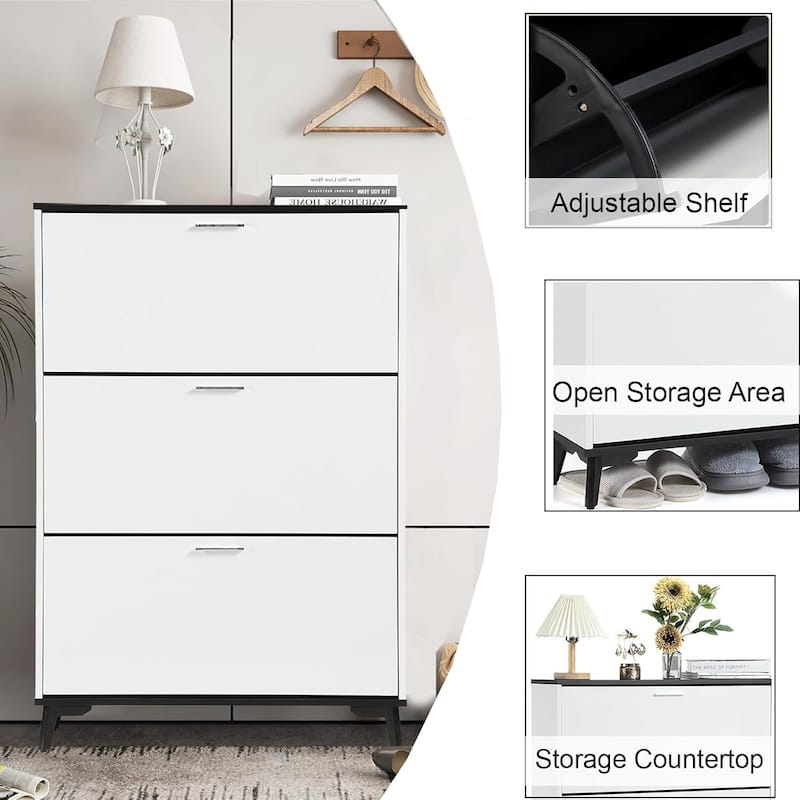 White 3-Drawer Narrow Shoe Cabinet - 47" Tall Wooden Flip Drawer