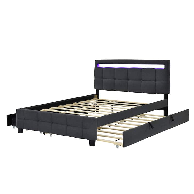 Queen Size Upholstered Platform Bed w/ LED Frame, Twin XL Size Trundle