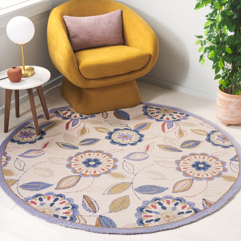 SAFAVIEH Handmade Chelsea Lily Pad French Country Wool Rug - 5'6" Round - Ivory/Blue