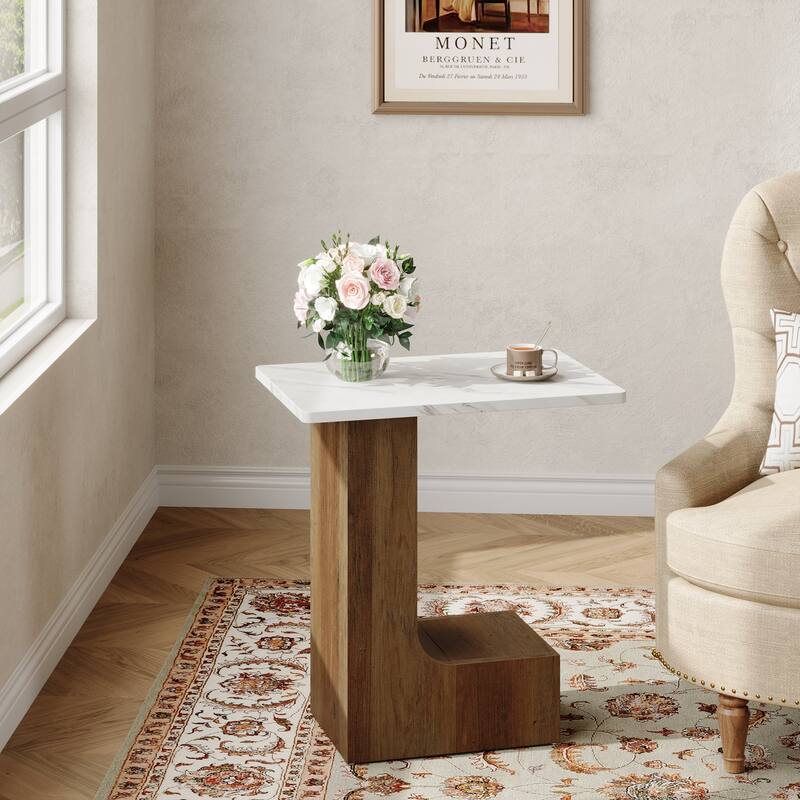 2-Tier C-Shaped Sofa Side Table, Bedside End Table with Faux Marble Tabletop, C Table for Sofa, Bedroom, Living Room
