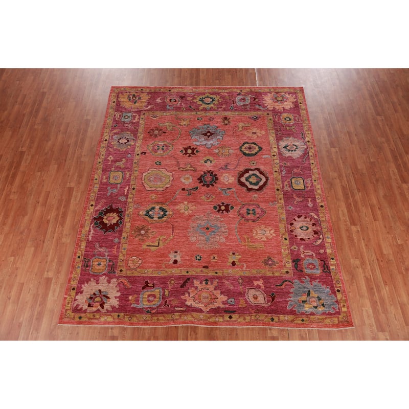Hand Knotted Oriental 100% Wool Carpet Transitional All-Over Coral Oushak Area Rug - 9' 8'' X 8' 2''