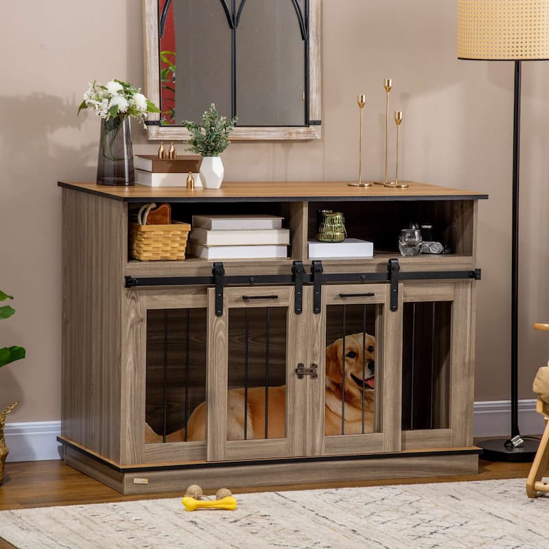 Oak Steel and MDF Dog Crate Side Table with Sliding Lockable Doors Double Room - Brown