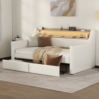 Pu Leather Upholstered Daybed With Storage Headboard And Drawers Twin Sofa Bed Frame With Led