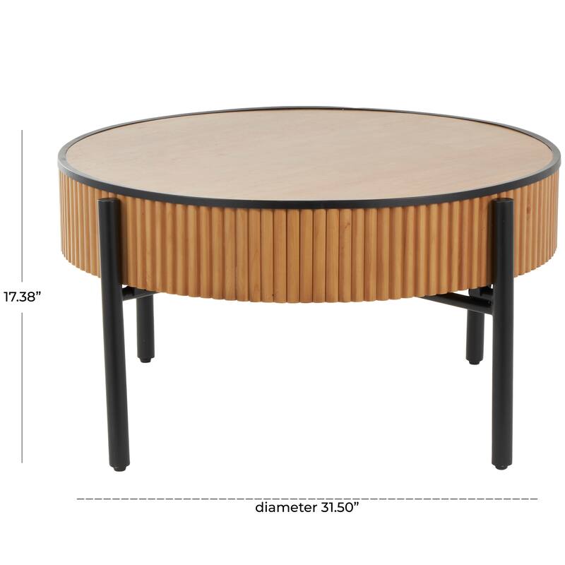Brown Wood Handmade Slatted Drum Side End Accent Table with Black Metal Legs