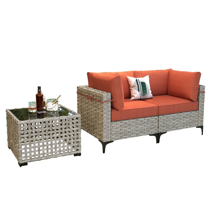 OVIOS 3 Pieces Outdoor Wicker Furniture Set With Solar-Powered Coffee Table