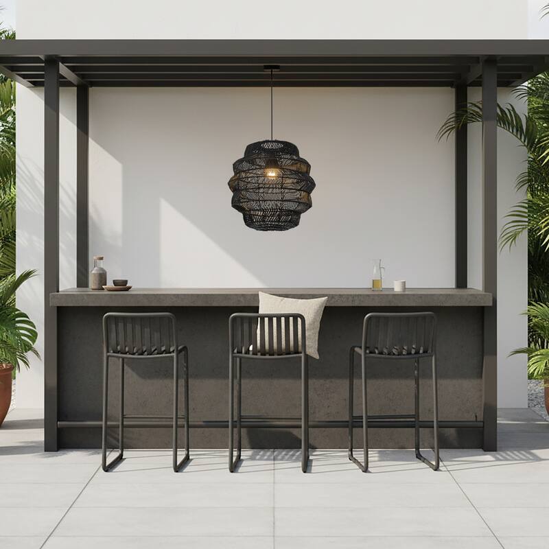 Cana 1-Light Wicker Outdoor Pendant, Coastal Boho Tiered Drum - Handwoven