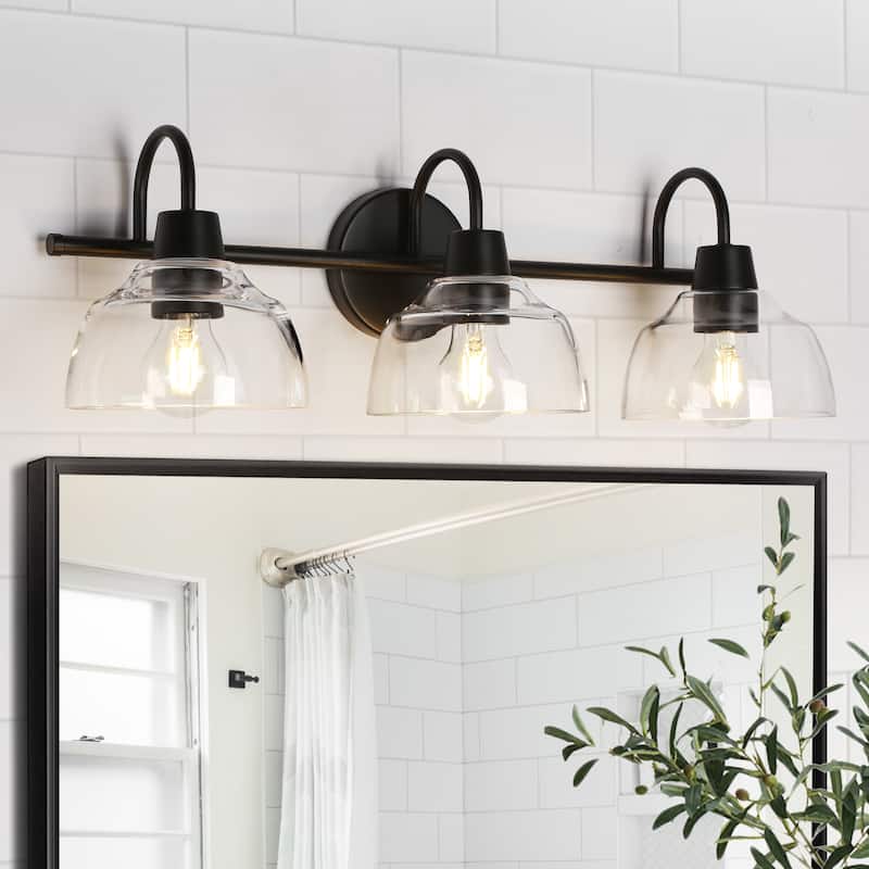 Regan Modern Black 3-Light Linear Farmhouse Bathroom Vanity Lights Dome Glass Wall Sconces - 23.6'' L x 6.5'' W x 8.3'' H