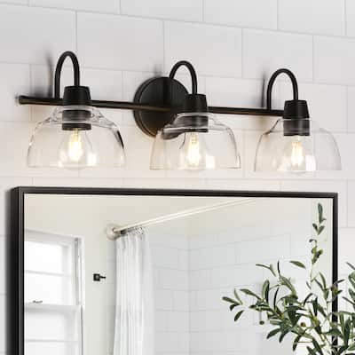 Regan Modern Black 3-Light Linear Farmhouse Bathroom Vanity Lights Dome Glass Wall Sconces - 23.6'' L x 6.5'' W x 8.3'' H