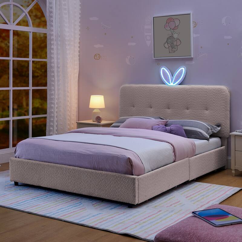 Kids Boucle Upholstered Bed with Rabbit Ear Headboard, LED Music Sync & 4 Drawers