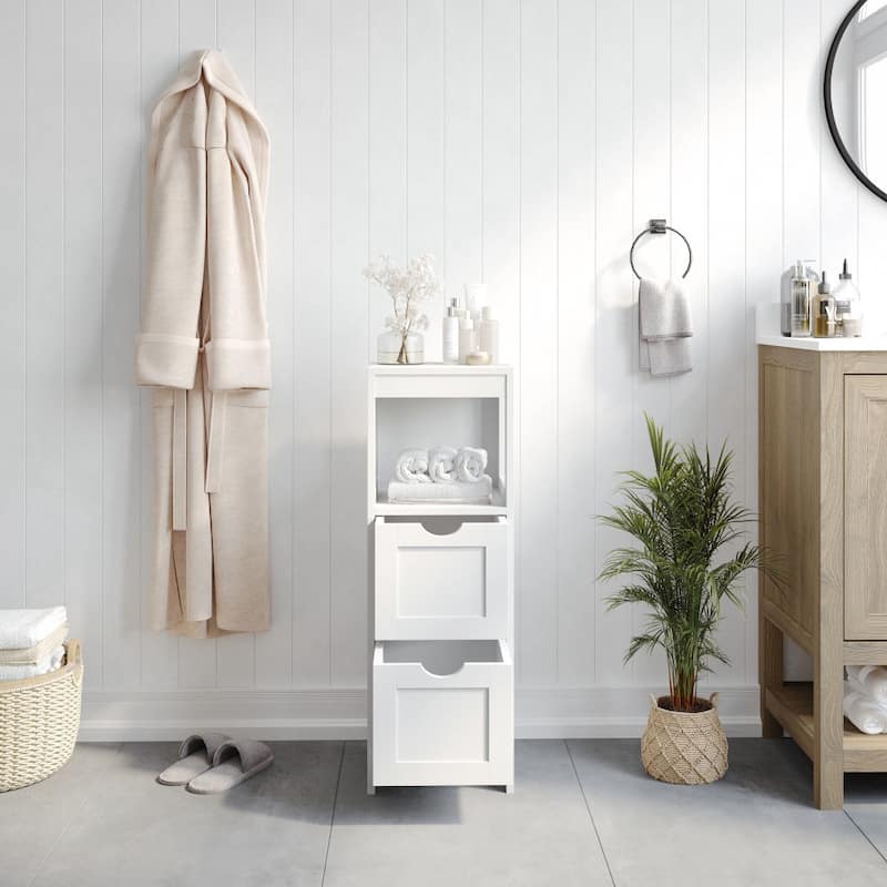 Farmhouse Bathroom Storage Organizer with Drawers and Open Shelf