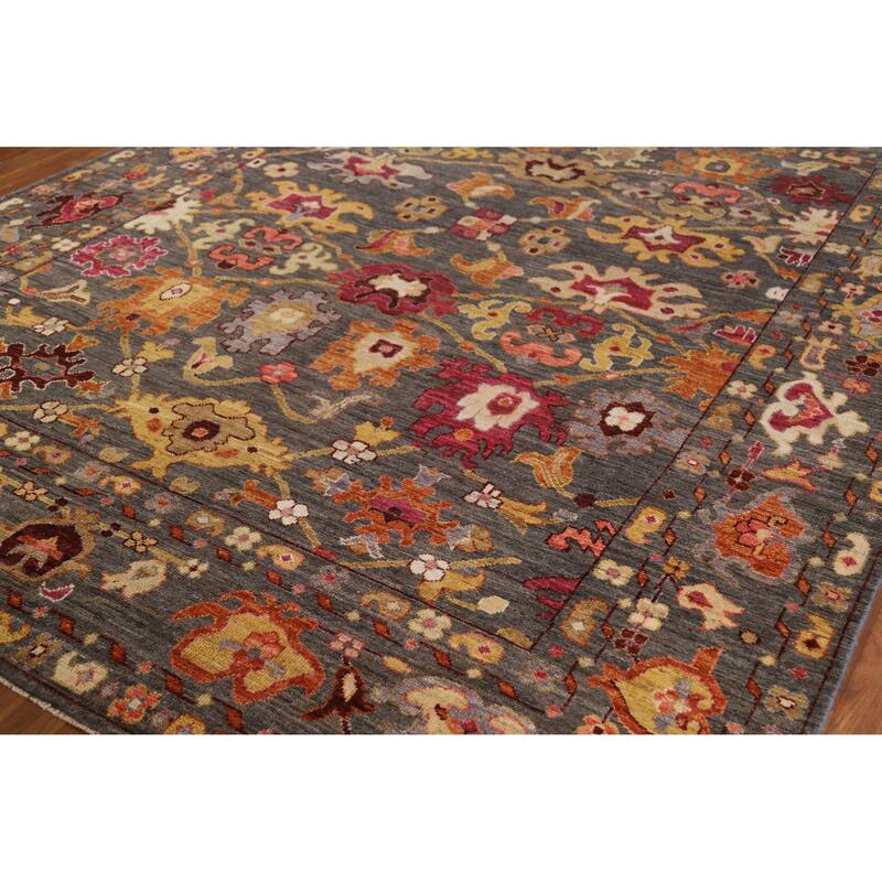 Hand Knotted Oriental 100% Wool Carpet Transitional All-Over Greys & Charcoal Oushak Area Rug - 9' 11'' X 8' 2''