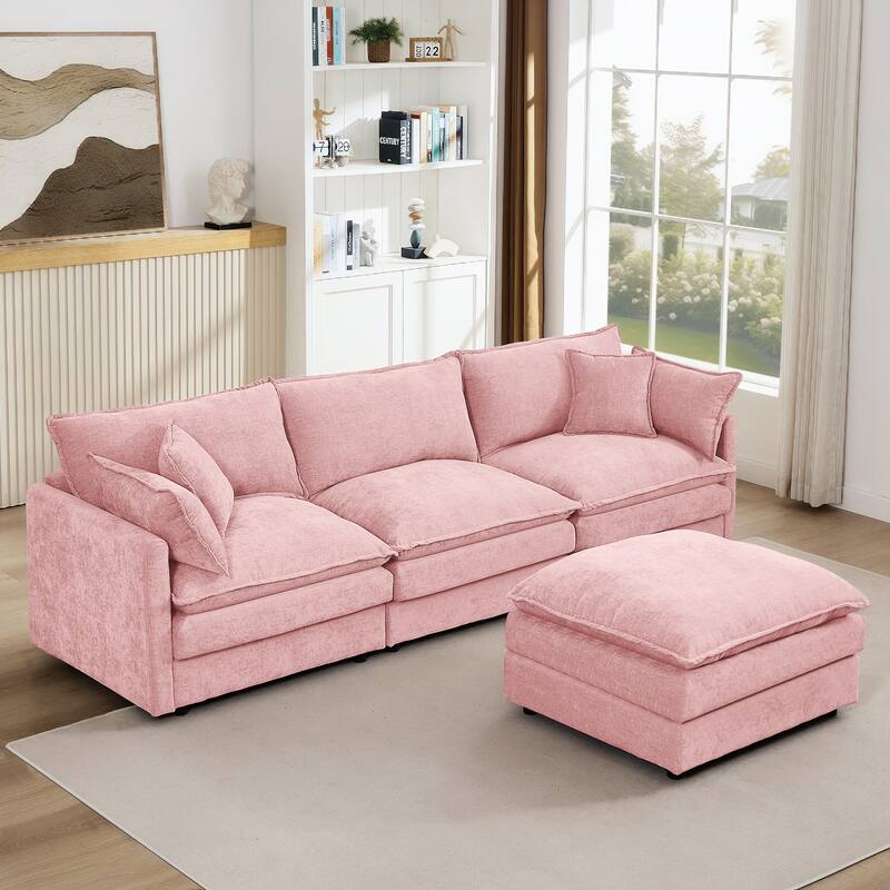 GDFStudio - Chenille Modular 3-Seater 102" L-Shaped Sectional Sofa with Ottoman