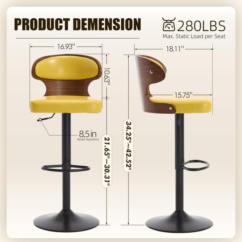 PU Leather Upholstered Curved Backrest 360° Swivel Adjustable Height Bar Stools with Footrest(set of 2)