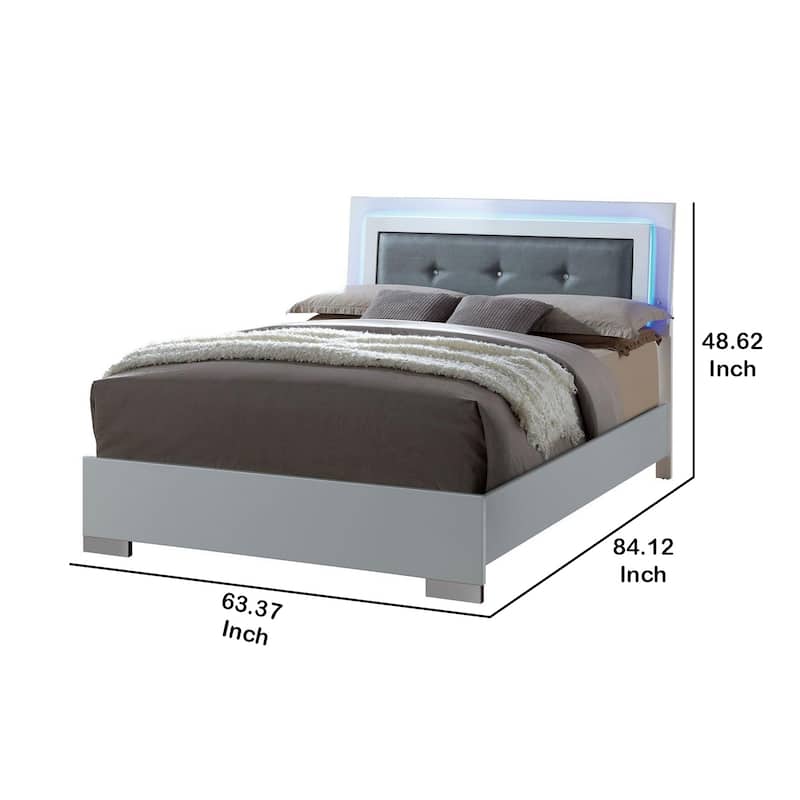 Wooden Queen Bed with Leatherette Headboard and LED trim, White