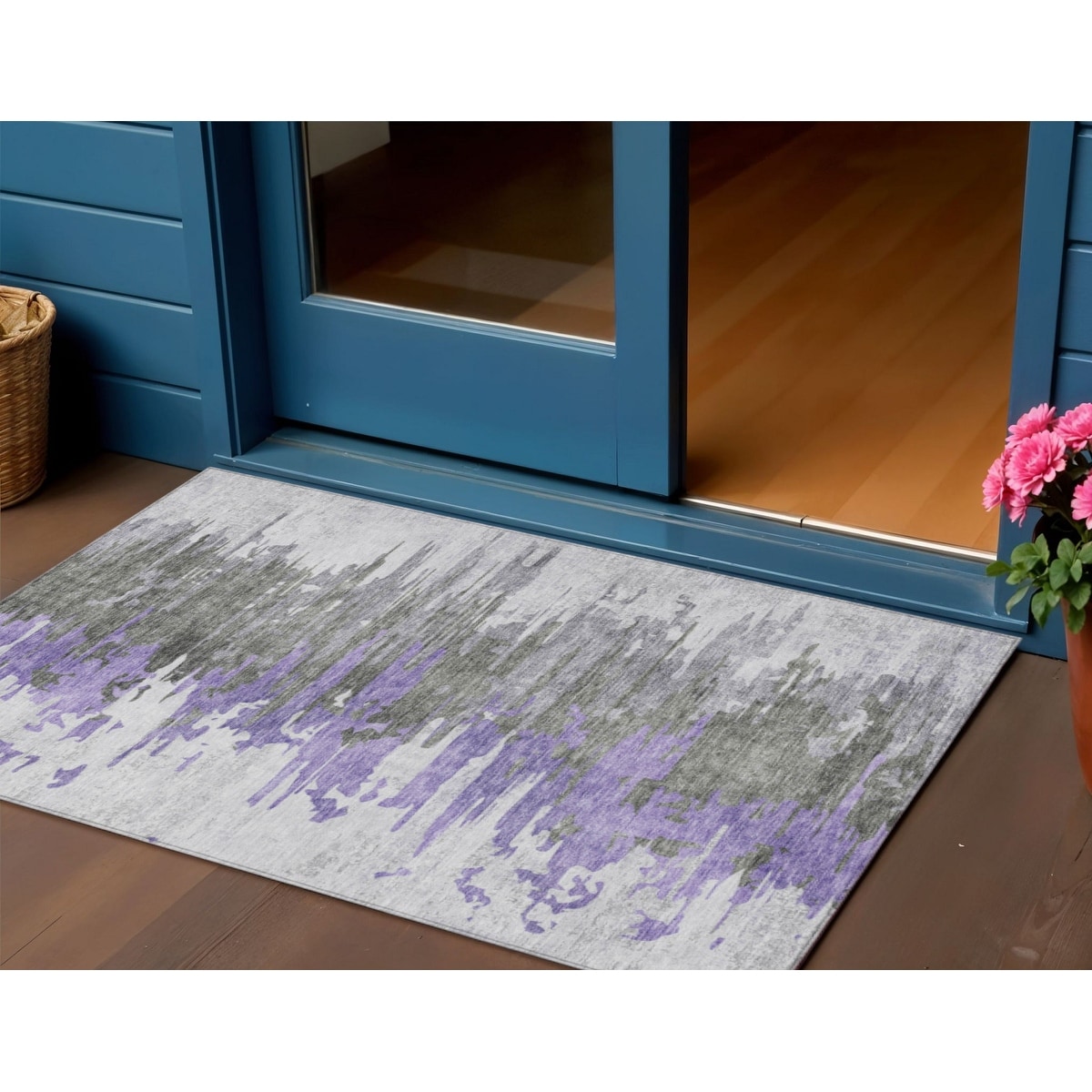 3' X 5' Purple Ivory And Charcoal Abstract Washable Indoor Outdoor Area Rug - 3'6"