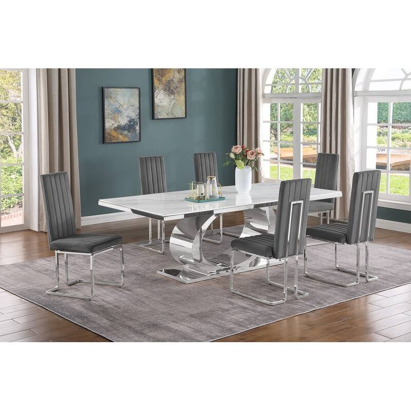 Best Quality Furniture D432/3-SC340-7 Dining Set with 87" White Marble Top - Dark Grey / Silver - 7-Piece