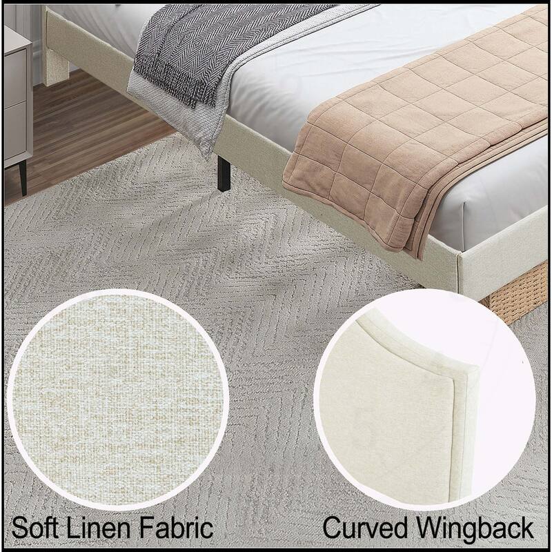 Linen Fabric Padded Platform Bed with Adjustable Headboard