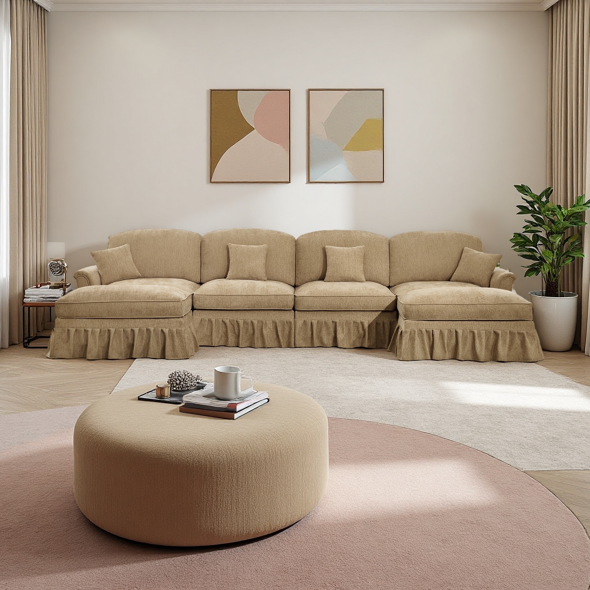 137.8" Chenille U-Shaped 4-Seater Modular Sectional Sofa with Flared Arms, Skirt & Movable Ottomans