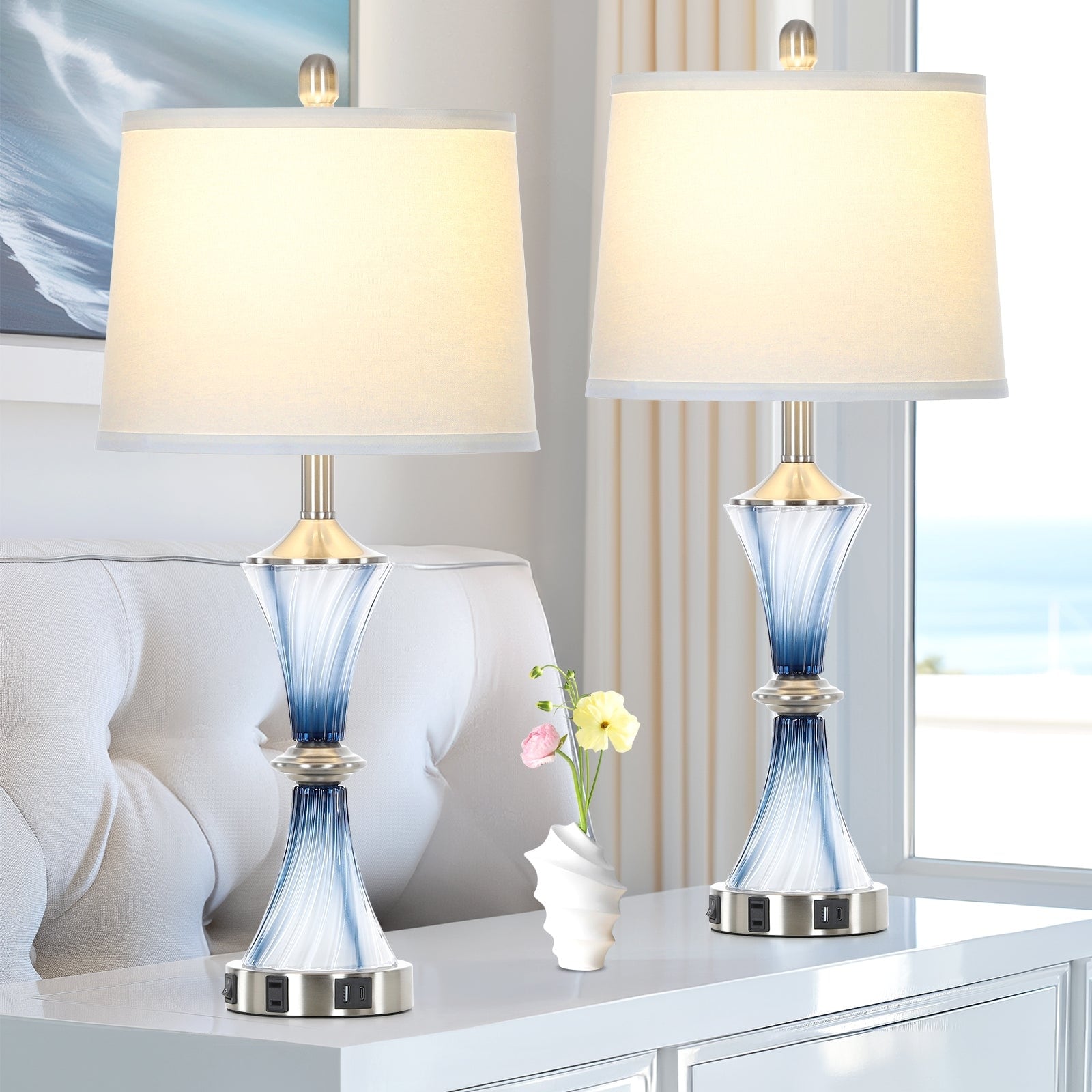28" Coastal Glass USB Table Lamps with Night Light, Bulbs Included (Set of 2)