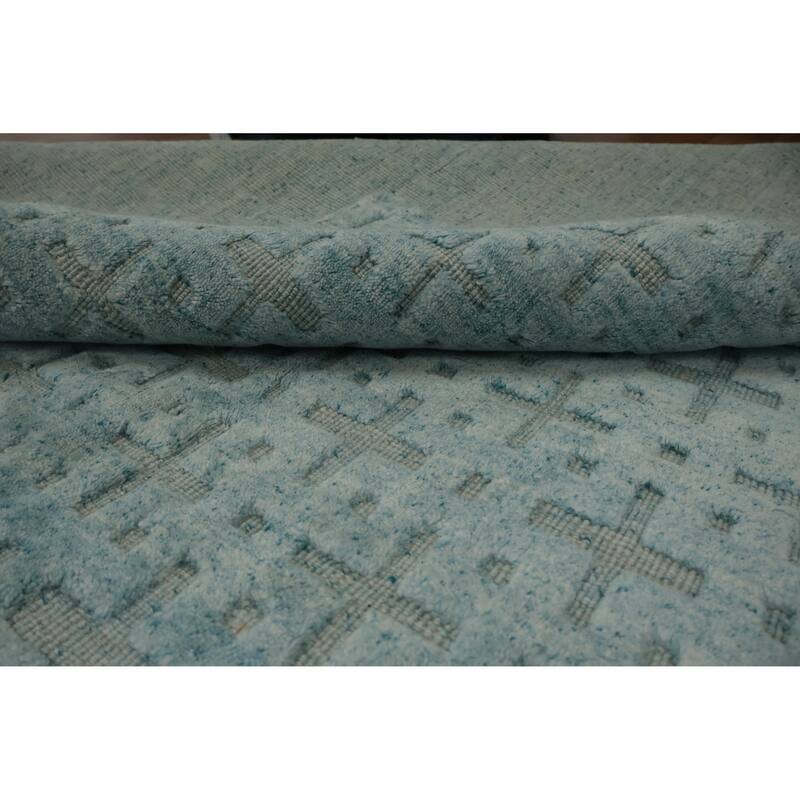 Hand Knotted Oriental Silk Carpet Modern Geometric Navy Blue & Blues Gabbeh Area Rug - 7' 4'' X 4' 11''