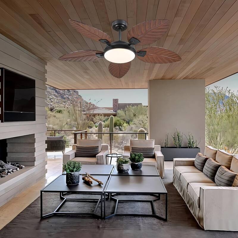 44"/52" Palm Leaf Tropical Ceiling Fan with Light,Indoor and Outdoor Ceiling Fan,Waterproof