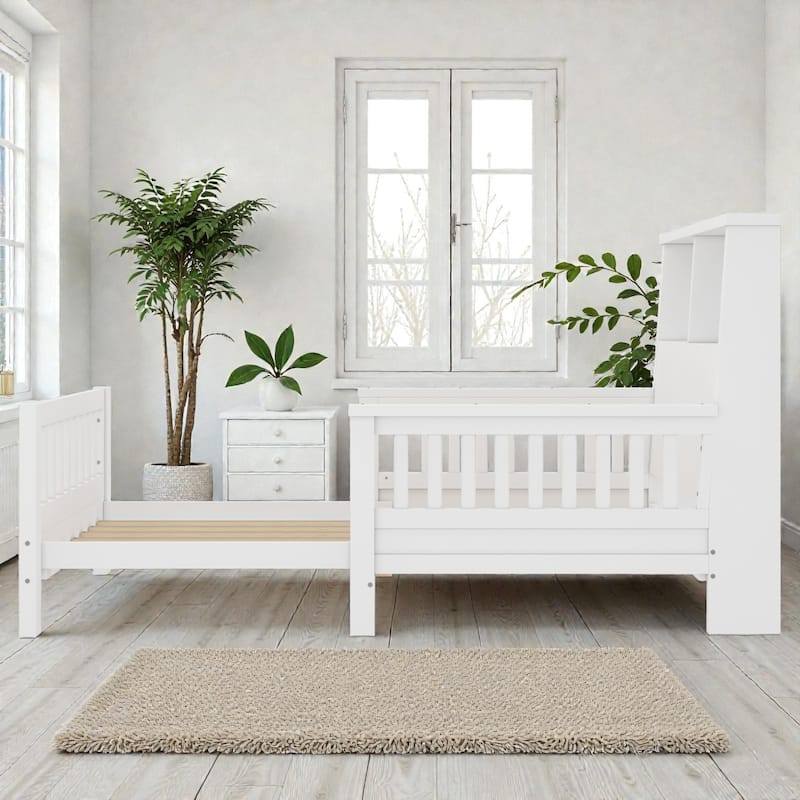 Twin Platform Bed with Storage Headboard, Safety Guardrails and Pull-Out Convertible Sofa/Playpen Design