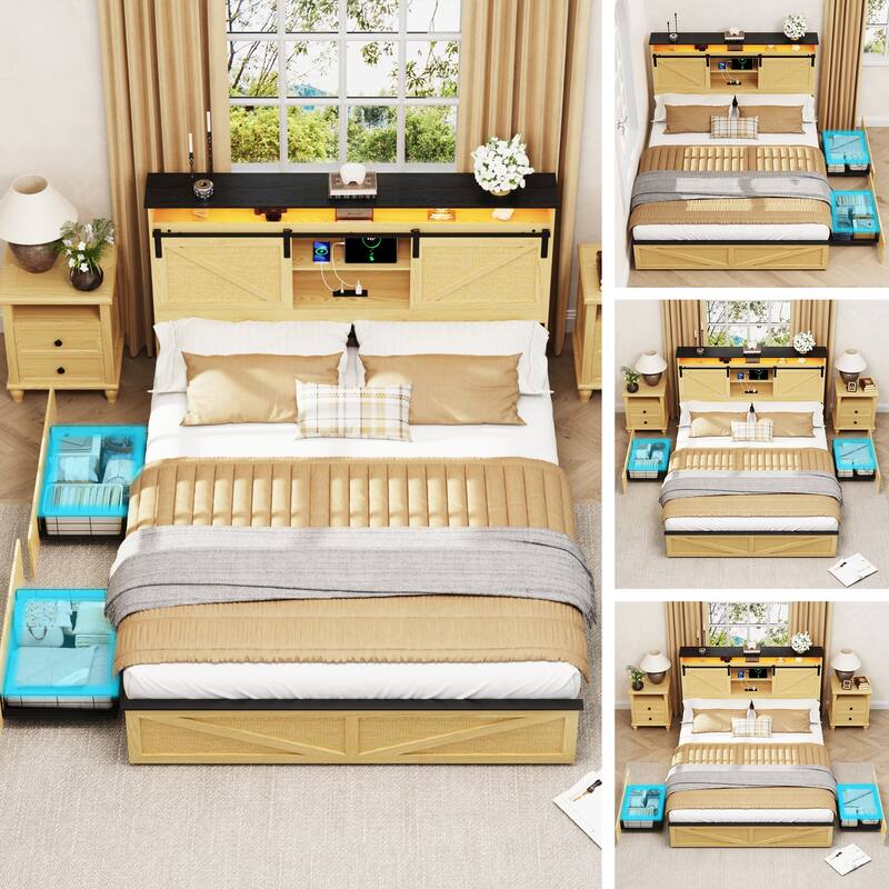 Farmhouse Full Size Bed Frame with Storage Headboard and Drawers,Charging Station & LED Lights,Natural
