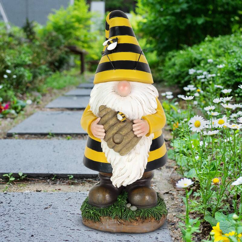 Exhart Solar Beekeeper Garden Gnome with Bee Hive Statuary, 5.5 by 12.5 Inches