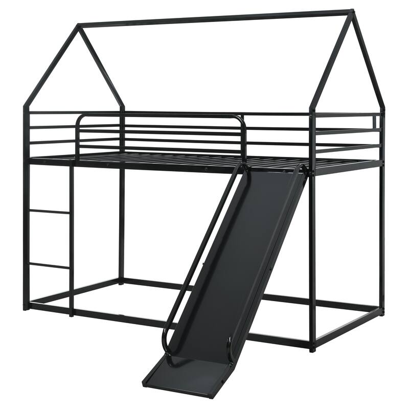 Metal Twin Over Twin House Bunk Bed with Ladder and Slider, Sturdy and Safe Design, Black
