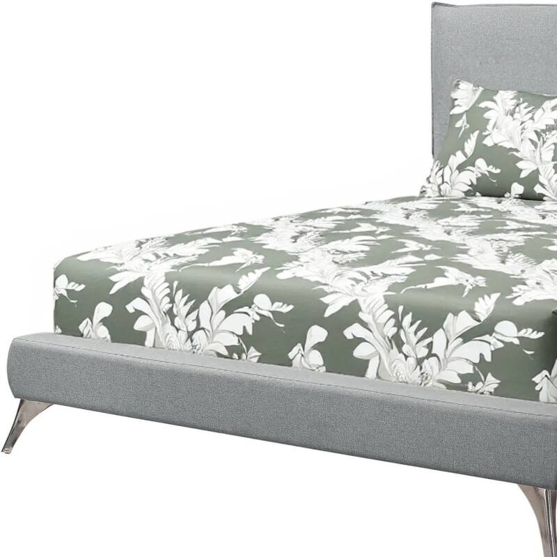 HomeRoots Gray Solid Wood Queen Upholstered Linen Bed Frame with Nailhead Trim