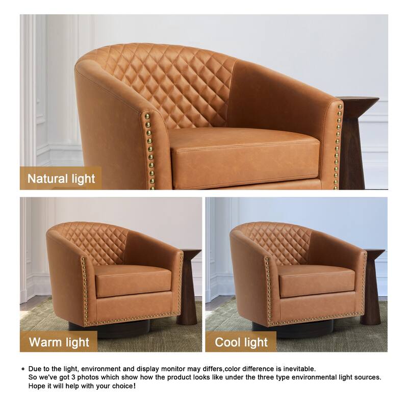 Tufted PU Vegan Leather Swivel Barrel Chair with Nailheads Trim