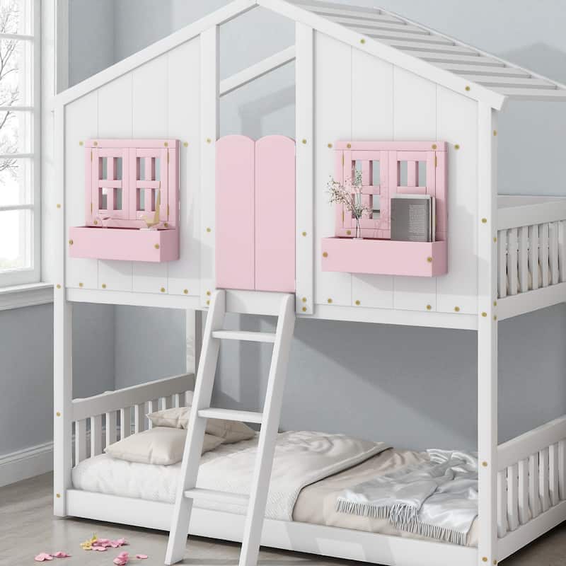 Twin Over Twin Wooden House Bunk Bed with Roof, Windows, Door, and Ladder, Kids Playhouse Bed with Guardrails - Pink White - Twin