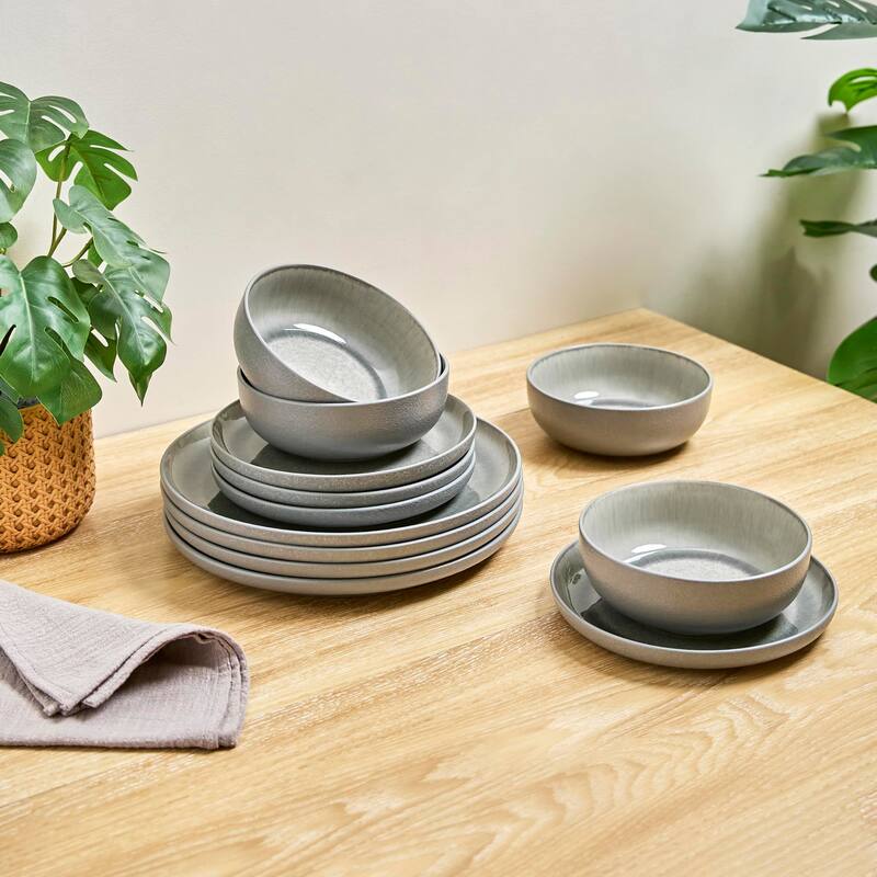 Sango Asher 12-Piece Gray Stoneware Dinnerware Set - Service for 4, Plate & Bowl Set