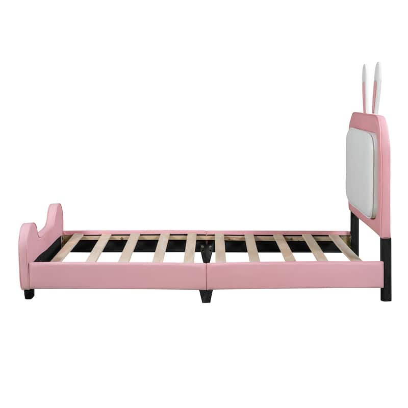 Rabbit-Shape Princess Bed, PU Upholstered Platform Bed with Headboard ...