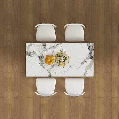 Industrial-Style Dining Table for 4-6 People – Charred Stone Top with Golden Wood Base, Matching 4 White Velvet Dining Chairs.