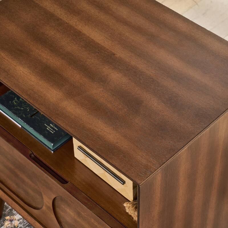 Mid Century Modern Fluted Nightstand with Charging Station USB Ports & Outlet Hole & 4 Solid Wood Legs