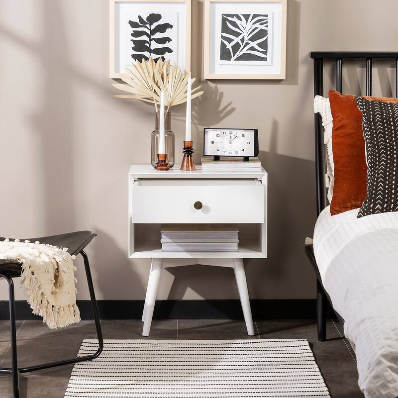 Middlebrook Mid-Century Solid Wood 1-Drawer, 1 Shelf Nightstand - White