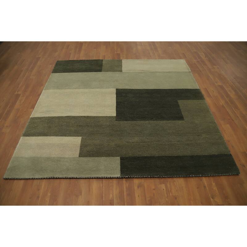 Hand Knotted Oriental 100% Wool Carpet Modern Geometric Green Gabbeh Area Rug - 6' 8'' X 6' 5''